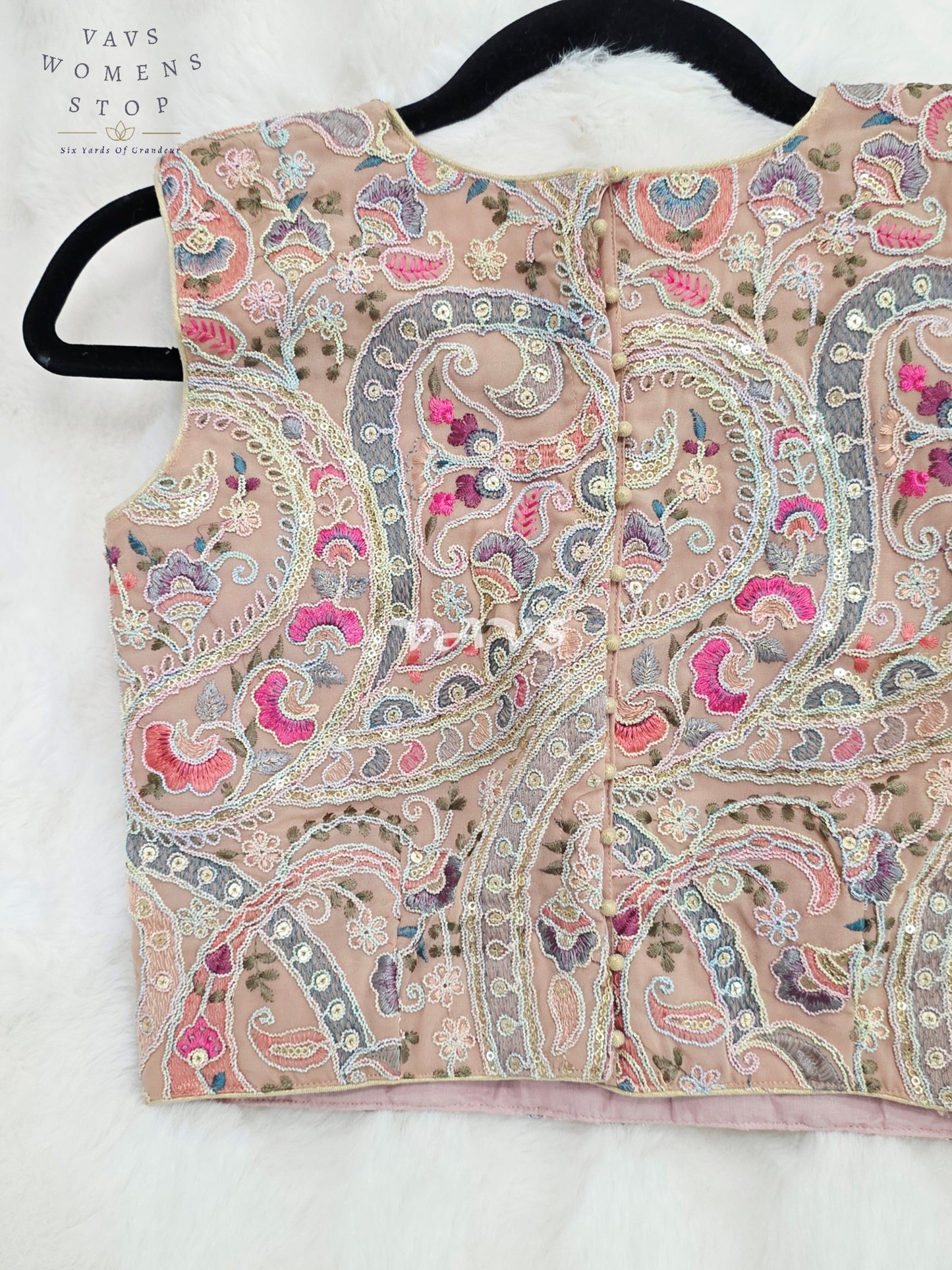 Royal Blush Champagne Nude Designer Embroidered Georgette Blouse with Pastel Paisley Sequins