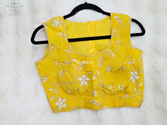 Royal Sunlit Marigold Yellow Designer Tissue Embroidery Sequin Blouse