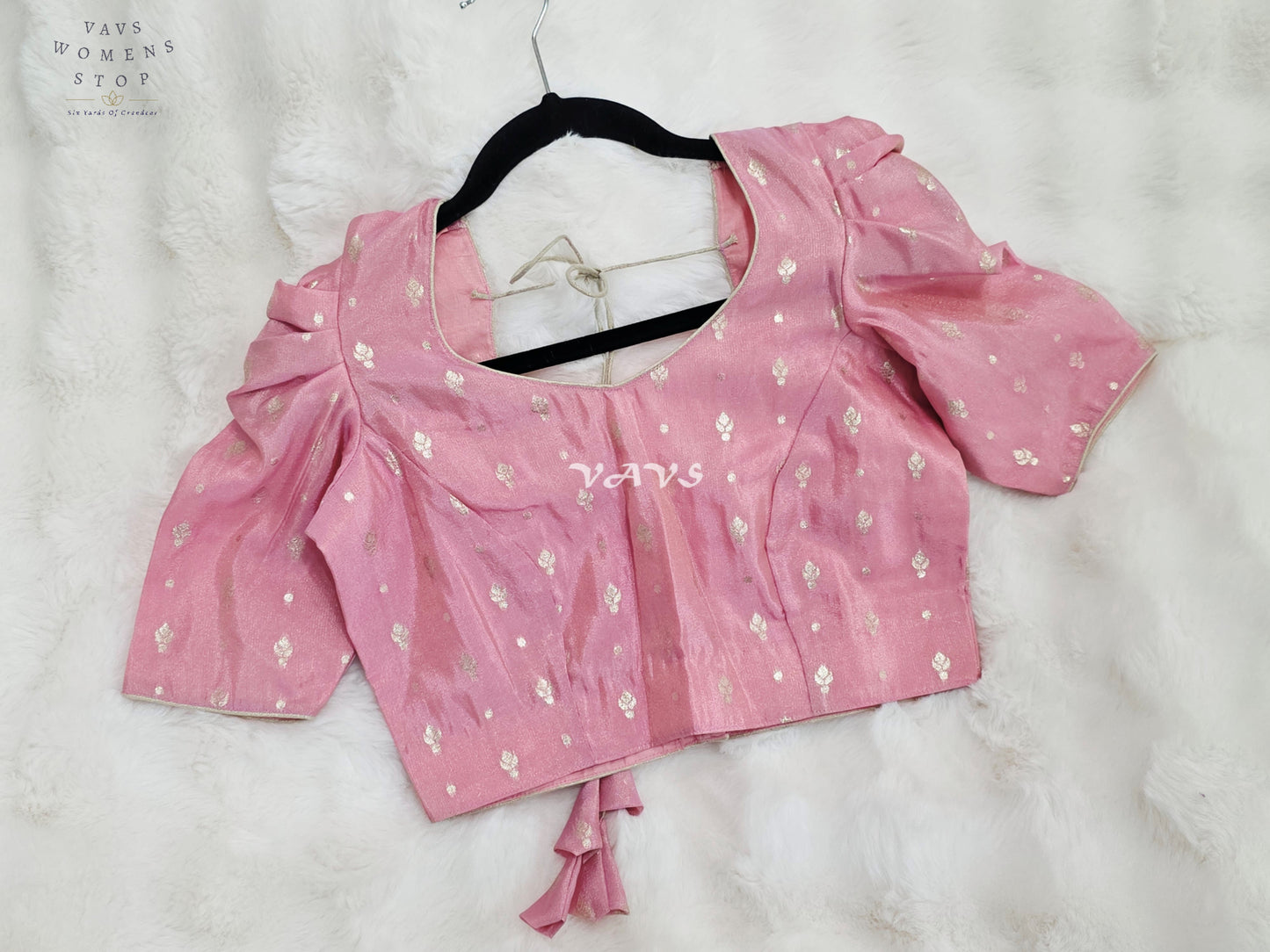 Royal Blush Pink Chinon Chiffon Puff Sleeve Blouse with Light Gold Zari Buttas