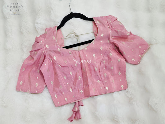 Royal Blush Pink Chinon Chiffon Puff Sleeve Blouse with Light Gold Zari Buttas