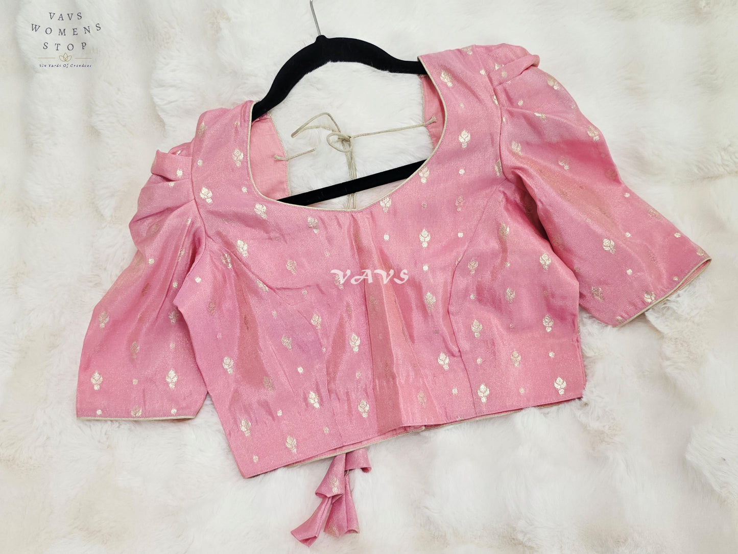 Royal Blush Pink Chinon Chiffon Puff Sleeve Blouse with Light Gold Zari Buttas