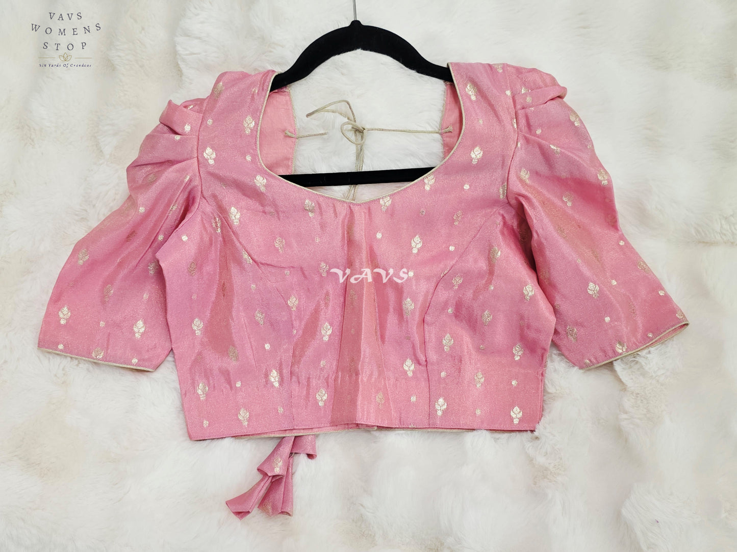 Royal Blush Pink Chinon Chiffon Puff Sleeve Blouse with Light Gold Zari Buttas