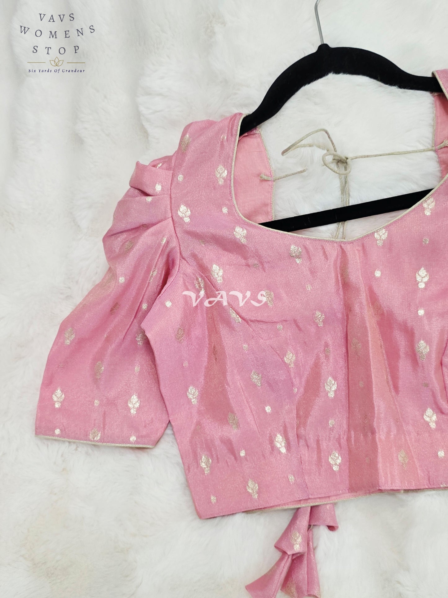 Royal Blush Pink Chinon Chiffon Puff Sleeve Blouse with Light Gold Zari Buttas