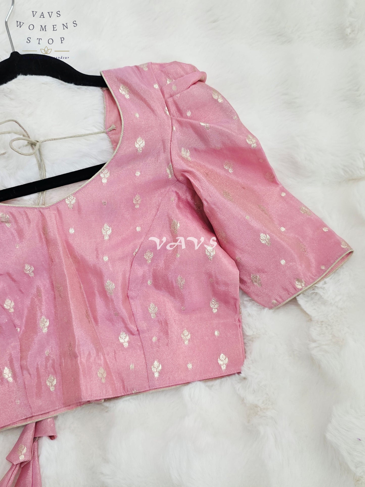 Royal Blush Pink Chinon Chiffon Puff Sleeve Blouse with Light Gold Zari Buttas