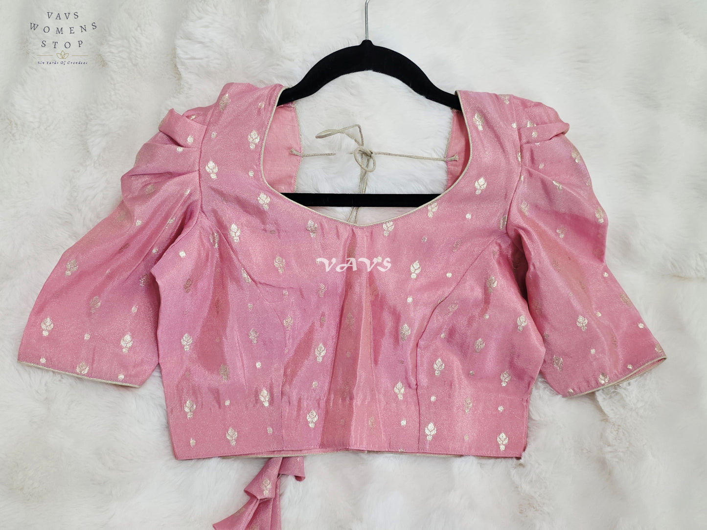 Royal Blush Pink Chinon Chiffon Puff Sleeve Blouse with Light Gold Zari Buttas