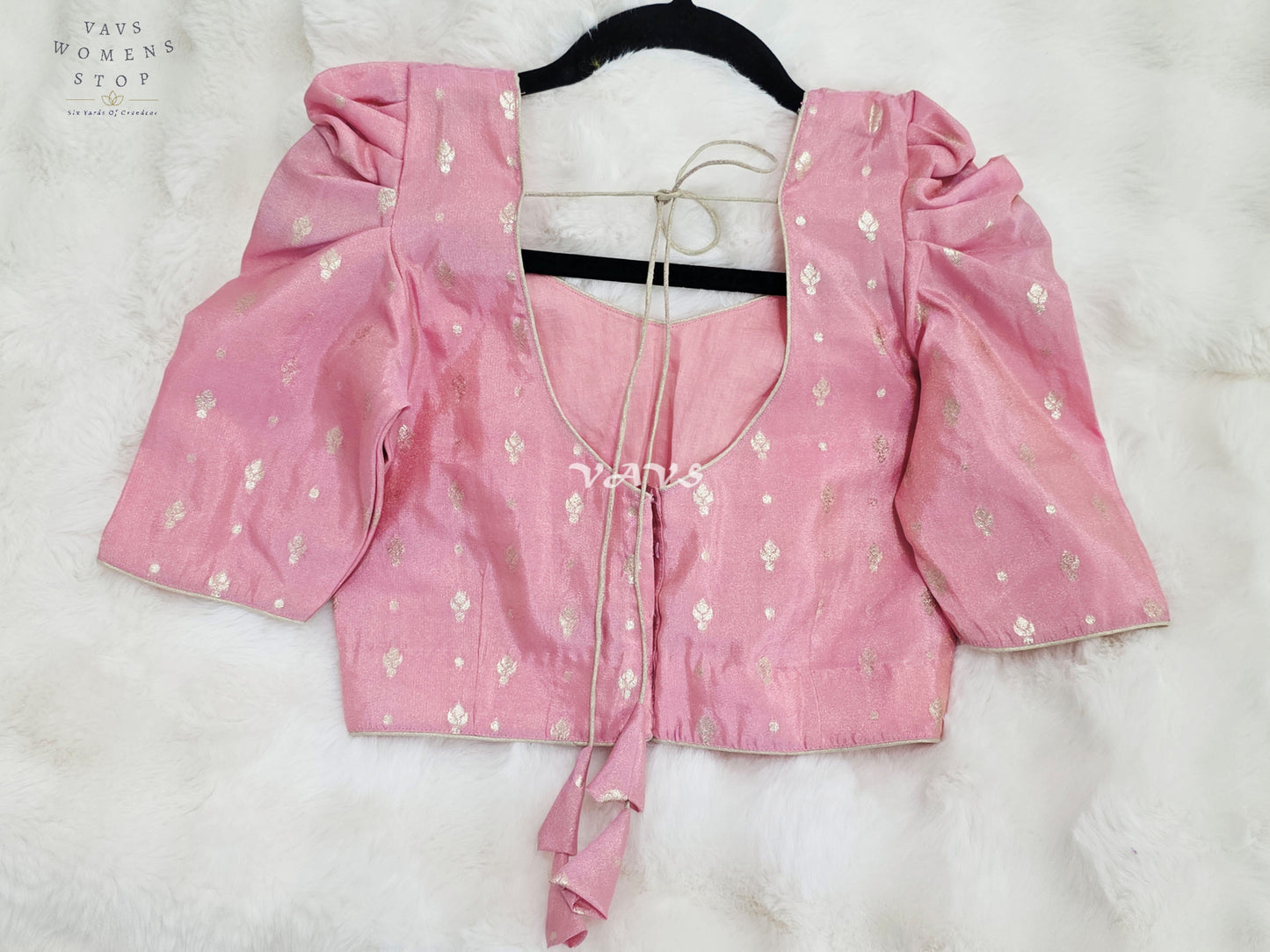 Royal Blush Pink Chinon Chiffon Puff Sleeve Blouse with Light Gold Zari Buttas