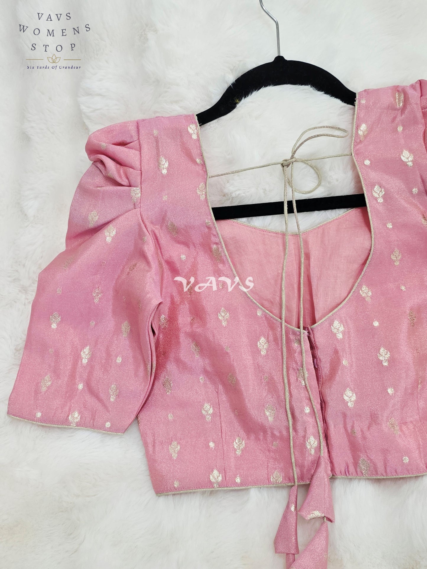 Royal Blush Pink Chinon Chiffon Puff Sleeve Blouse with Light Gold Zari Buttas