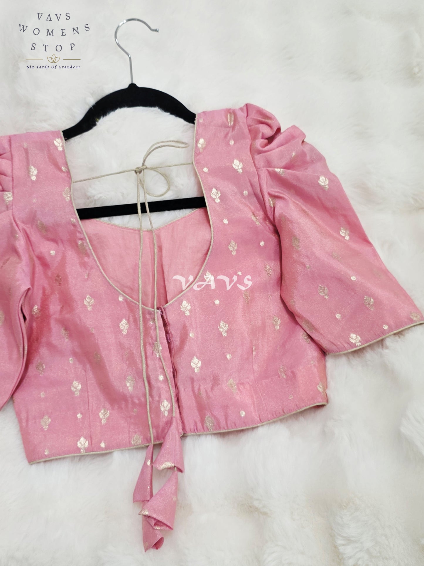 Royal Blush Pink Chinon Chiffon Puff Sleeve Blouse with Light Gold Zari Buttas