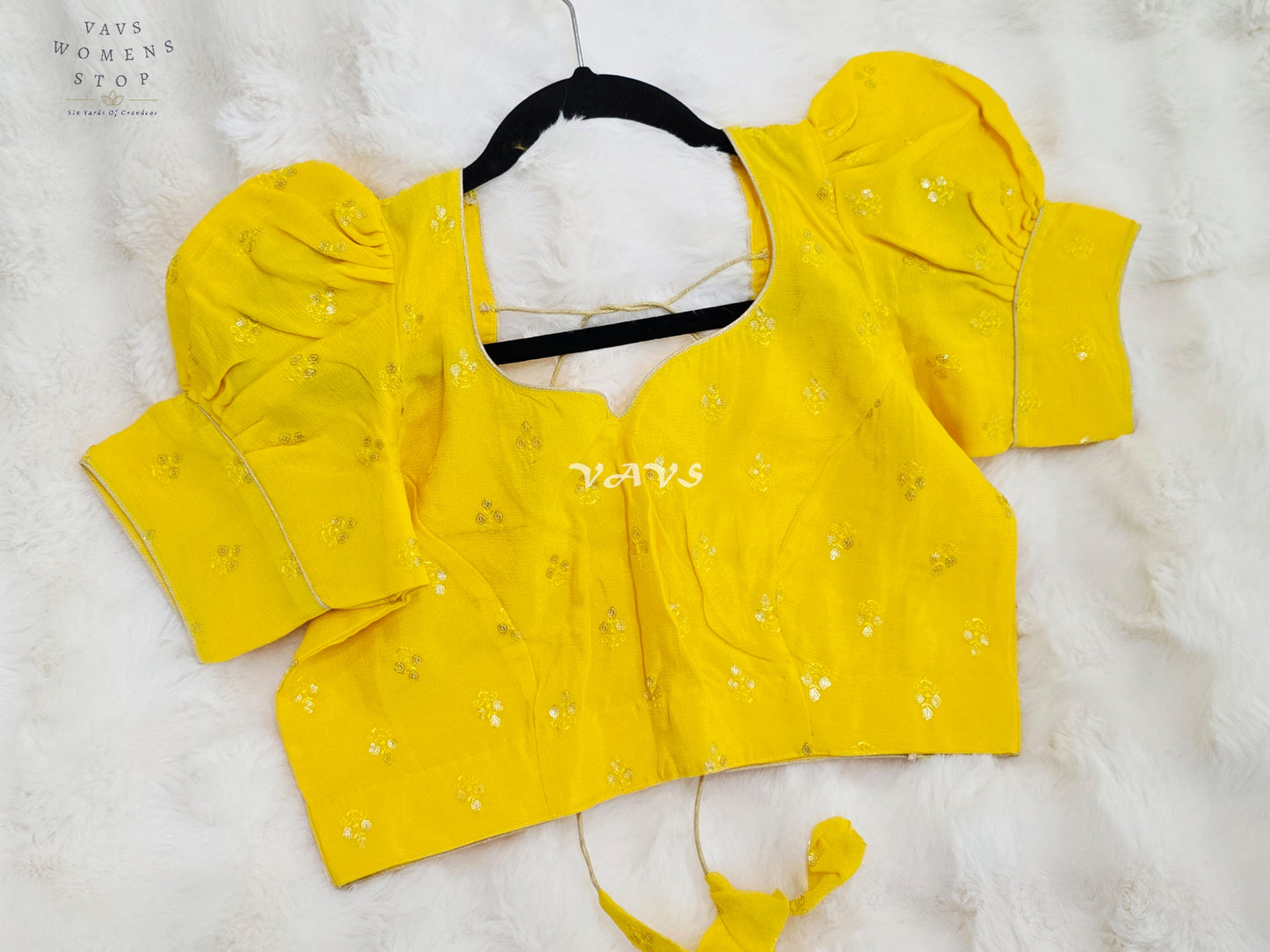 Royal Sunlit Marigold Yellow Chinon Chiffon Puff Sleeve Designer Blouse with Gold Buttas