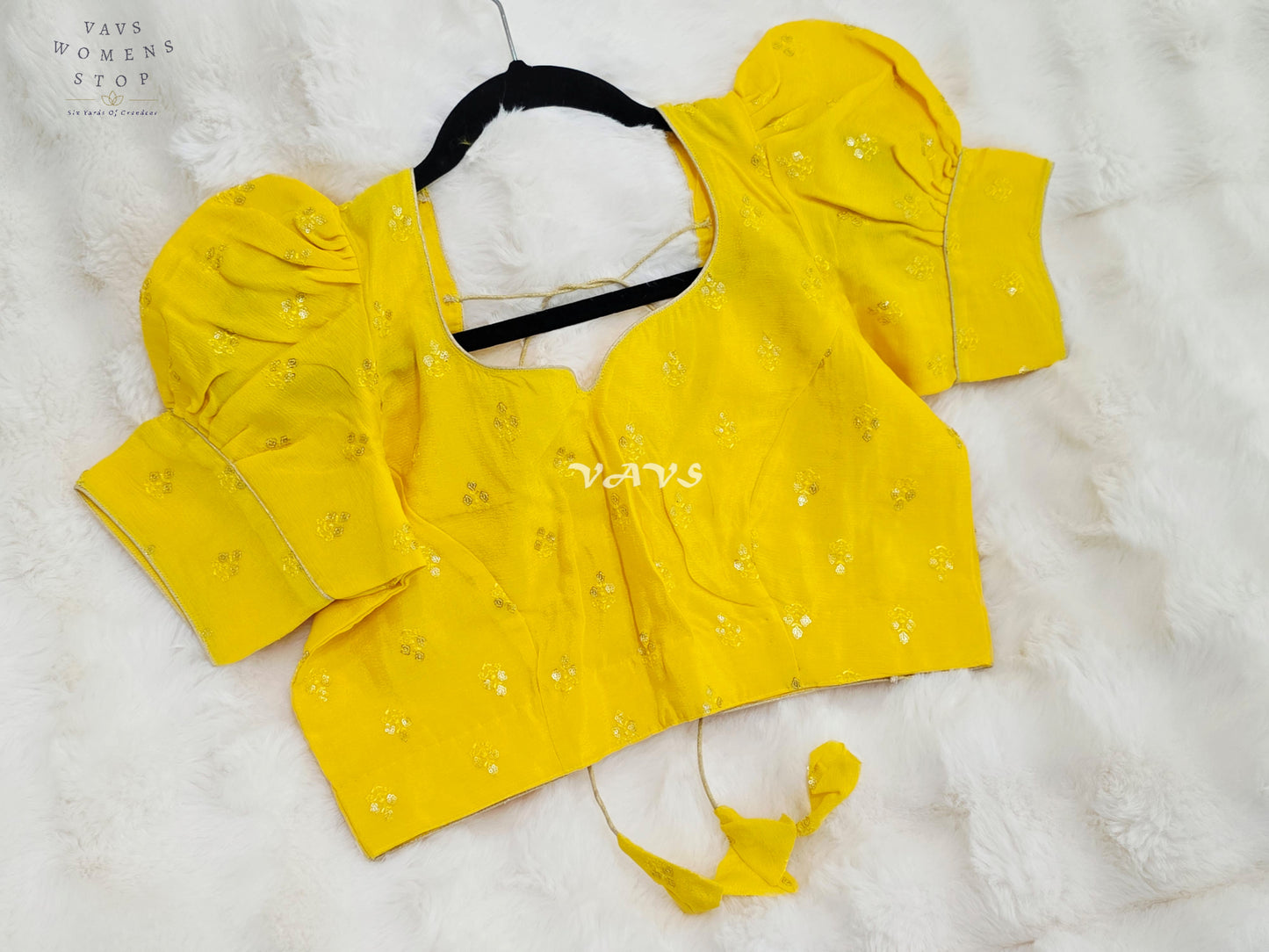 Royal Sunlit Marigold Yellow Chinon Chiffon Puff Sleeve Designer Blouse with Gold Buttas