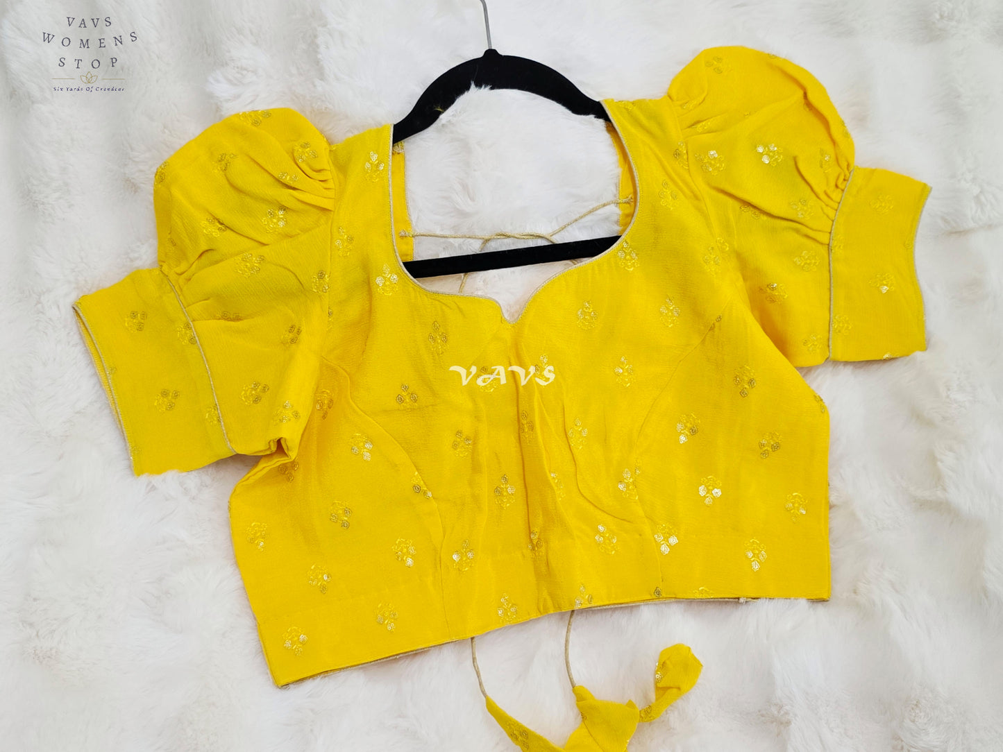 Royal Sunlit Marigold Yellow Chinon Chiffon Puff Sleeve Designer Blouse with Gold Buttas