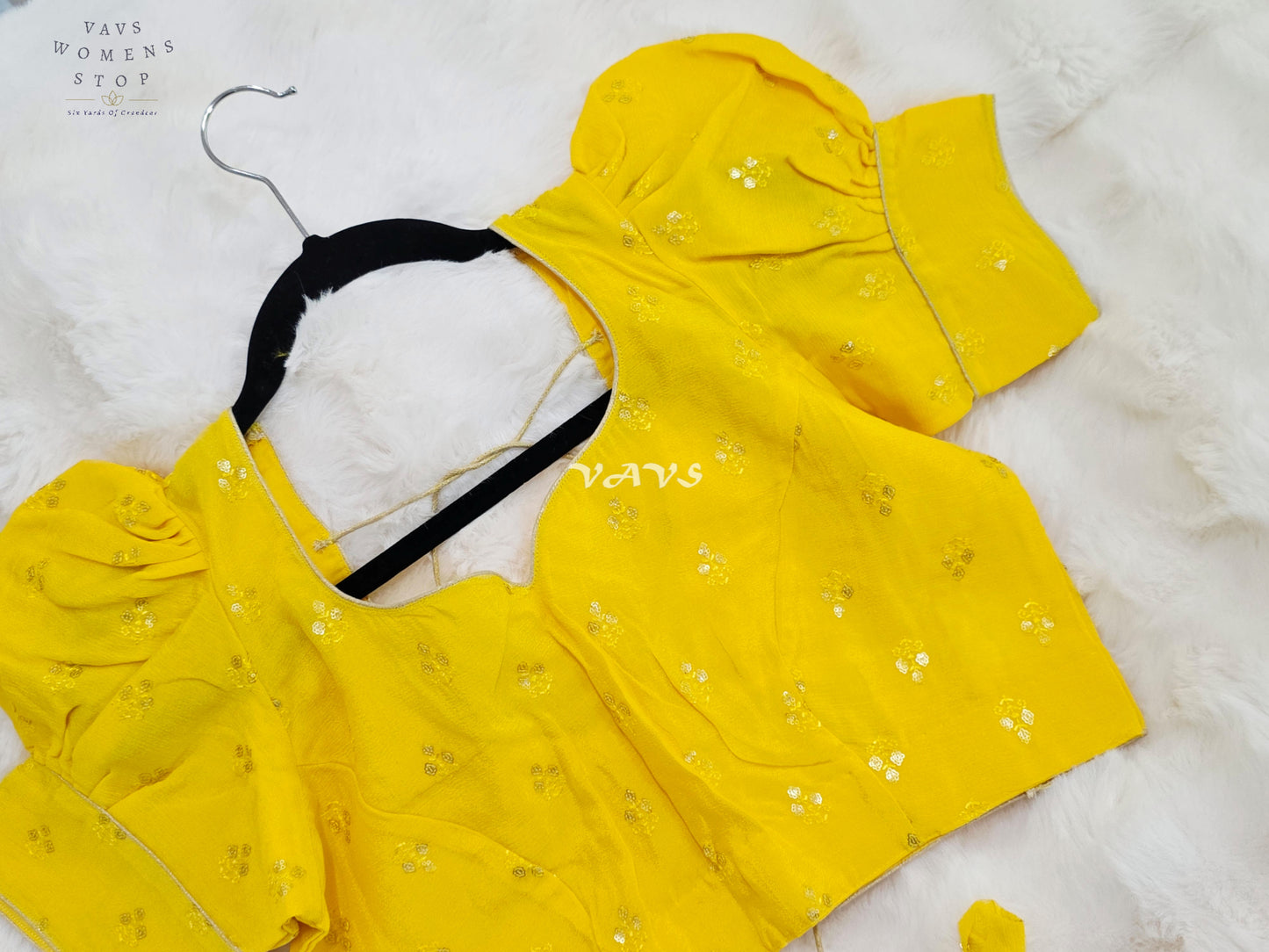 Royal Sunlit Marigold Yellow Chinon Chiffon Puff Sleeve Designer Blouse with Gold Buttas