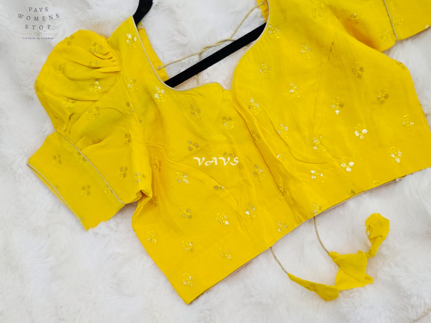 Royal Sunlit Marigold Yellow Chinon Chiffon Puff Sleeve Designer Blouse with Gold Buttas