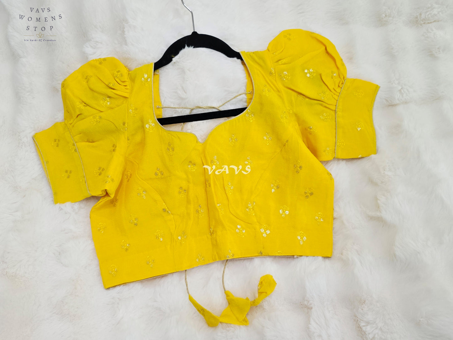 Royal Sunlit Marigold Yellow Chinon Chiffon Puff Sleeve Designer Blouse with Gold Buttas