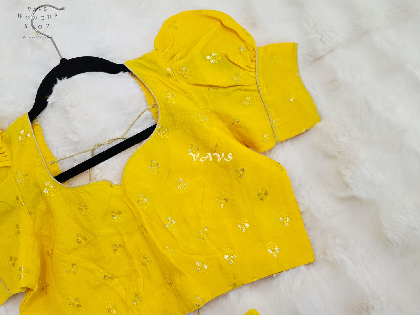 Royal Sunlit Marigold Yellow Chinon Chiffon Puff Sleeve Designer Blouse with Gold Buttas