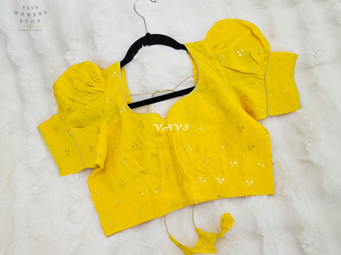 Royal Sunlit Marigold Yellow Chinon Chiffon Puff Sleeve Designer Blouse with Gold Buttas