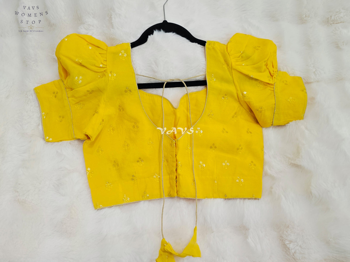 Royal Sunlit Marigold Yellow Chinon Chiffon Puff Sleeve Designer Blouse with Gold Buttas