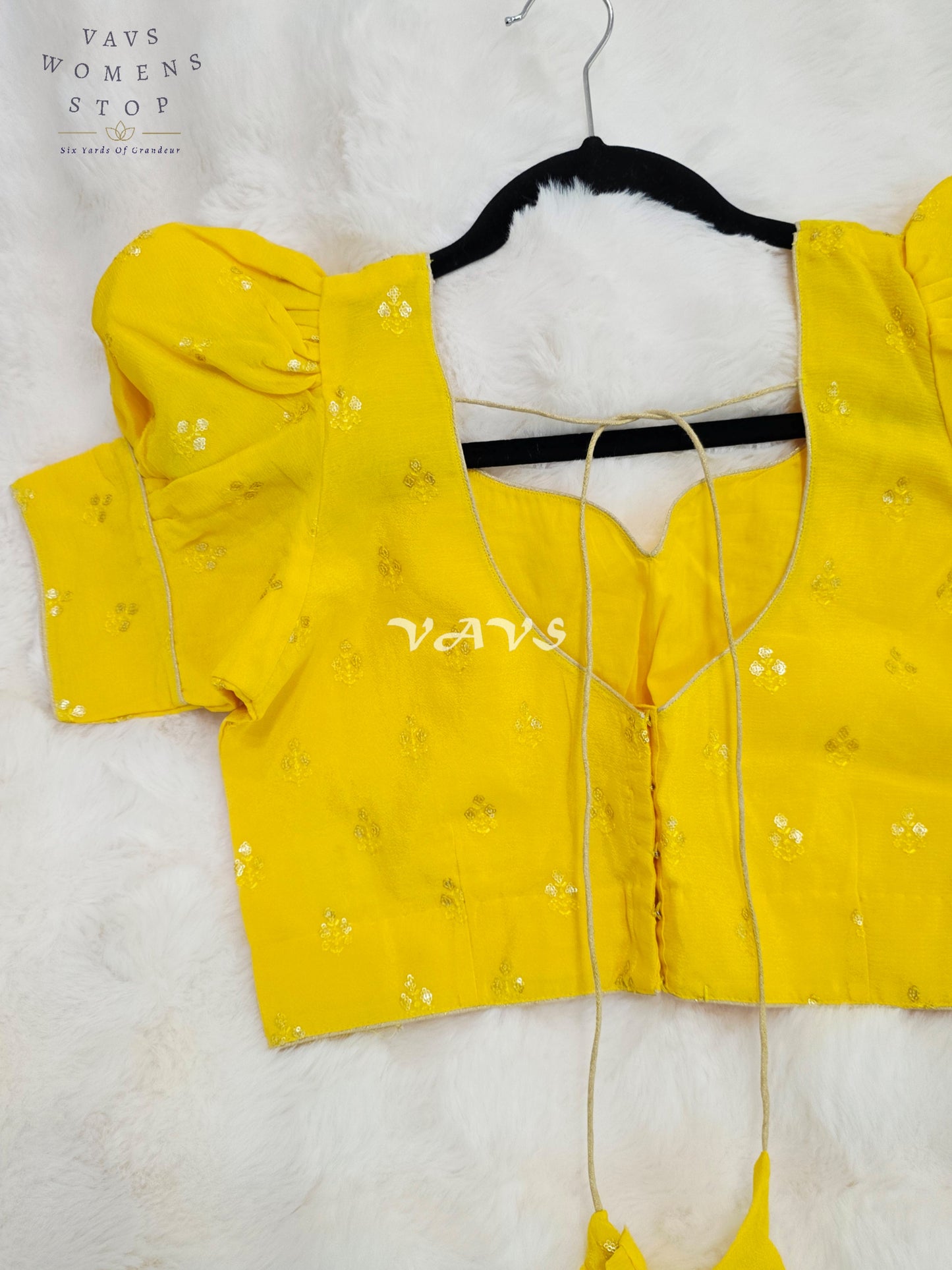 Royal Sunlit Marigold Yellow Chinon Chiffon Puff Sleeve Designer Blouse with Gold Buttas