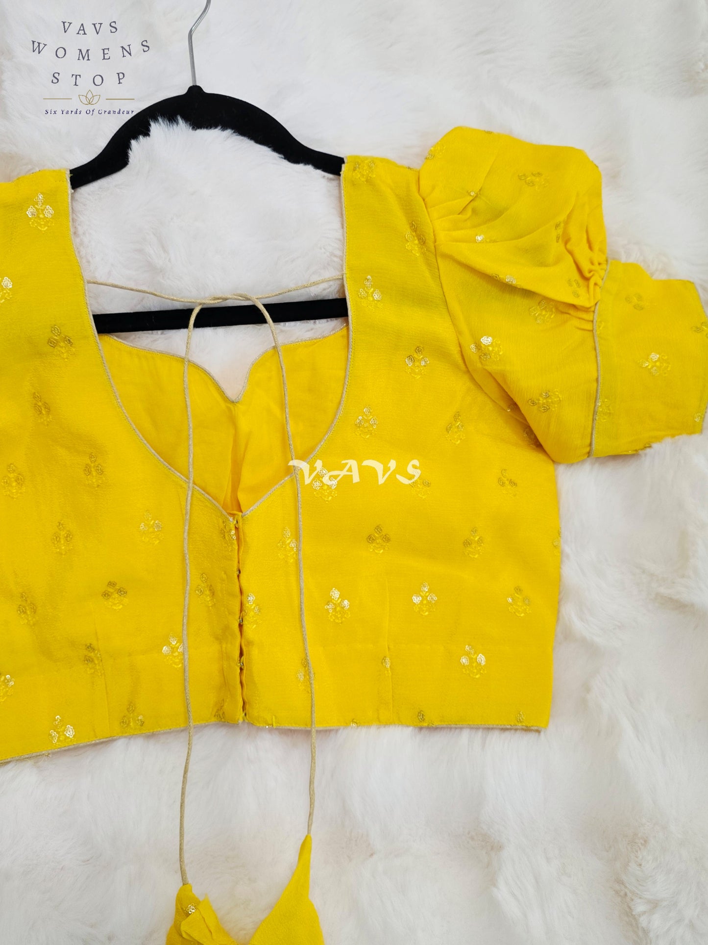 Royal Sunlit Marigold Yellow Chinon Chiffon Puff Sleeve Designer Blouse with Gold Buttas