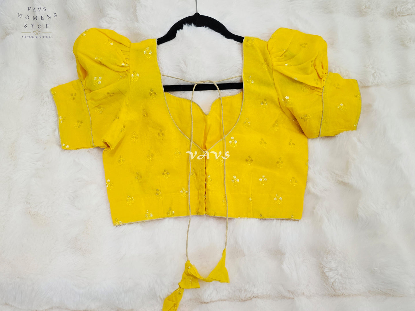 Royal Sunlit Marigold Yellow Chinon Chiffon Puff Sleeve Designer Blouse with Gold Buttas