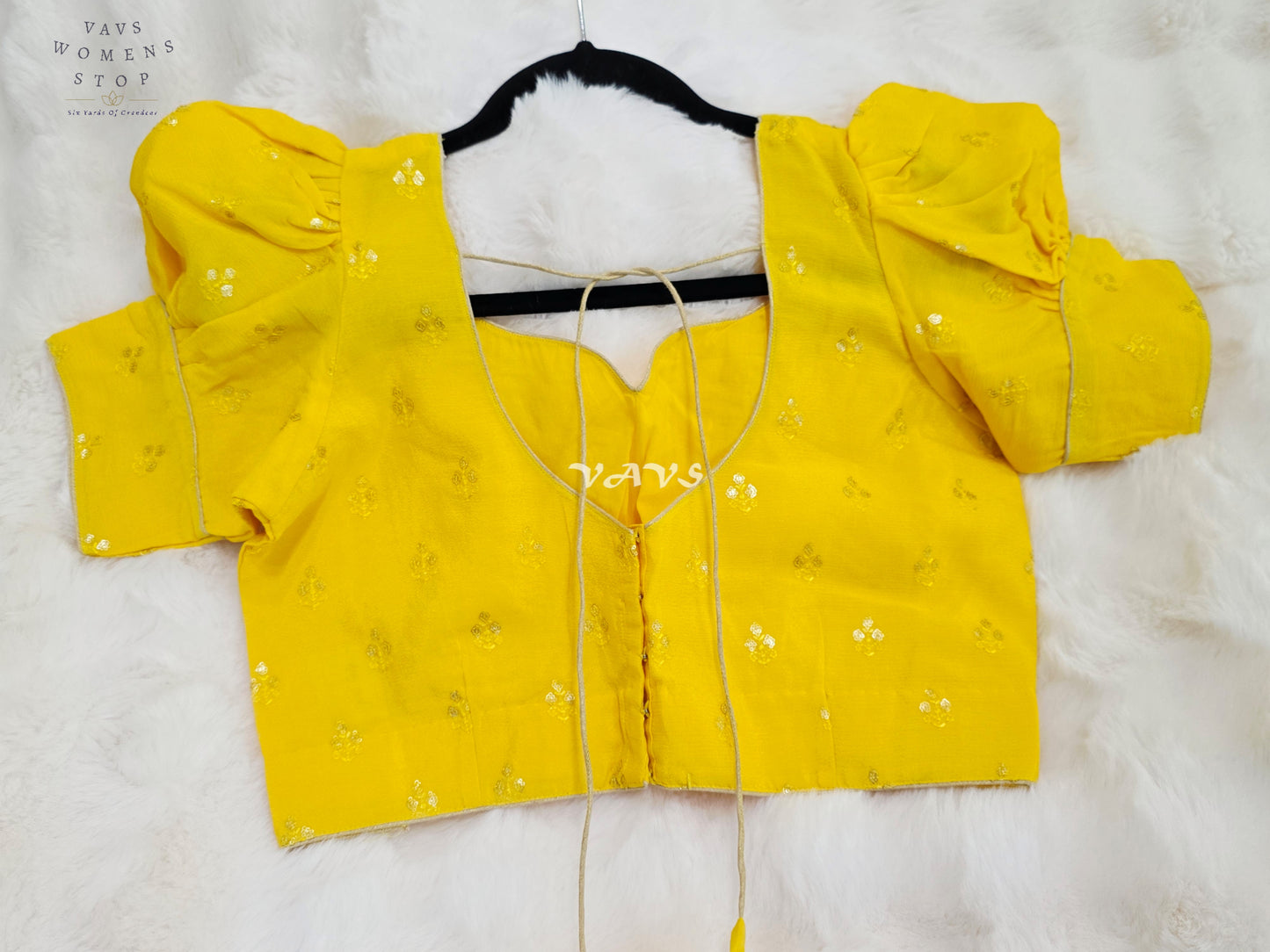 Royal Sunlit Marigold Yellow Chinon Chiffon Puff Sleeve Designer Blouse with Gold Buttas