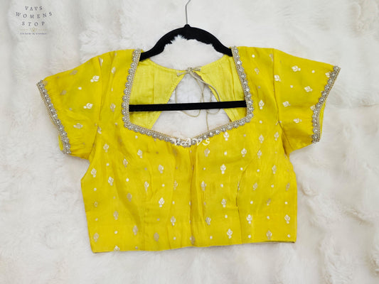 Royal Sunlit Marigold Yellow Munga Tissue Banarasi Blouse with Light Gold Zari Buttas | Size 36-42