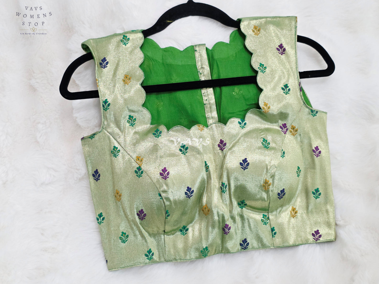 Royal Celadon Mint Green Sleeveless Tissue Paithani Designer Blouse with Multicolor Buttas | Size 36-42