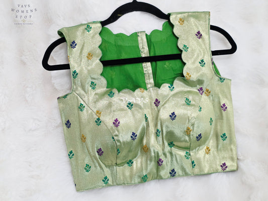 Royal Celadon Mint Green Sleeveless Tissue Paithani Designer Blouse with Multicolor Buttas | Size 36-42