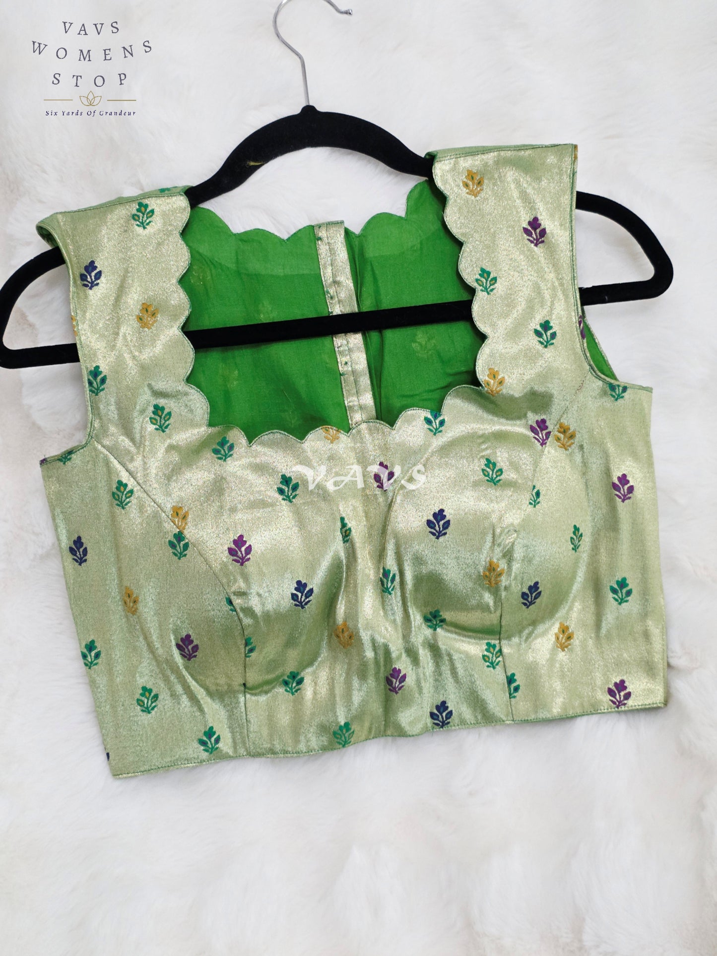 Royal Celadon Mint Green Sleeveless Tissue Paithani Designer Blouse with Multicolor Buttas | Size 36-42