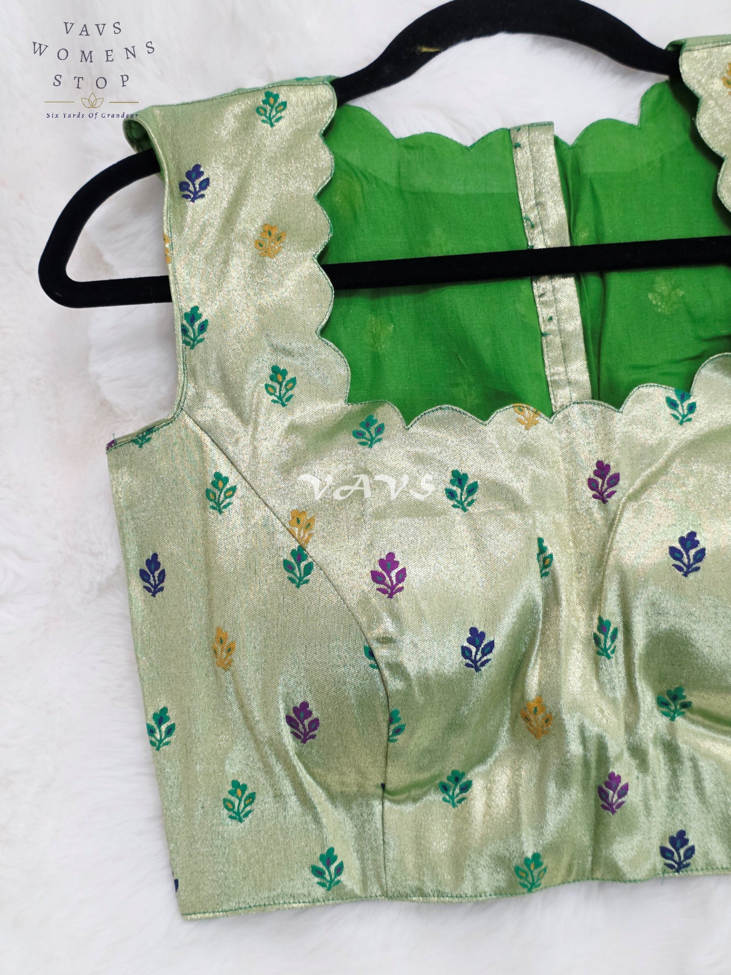 Royal Celadon Mint Green Sleeveless Tissue Paithani Designer Blouse with Multicolor Buttas | Size 36-42