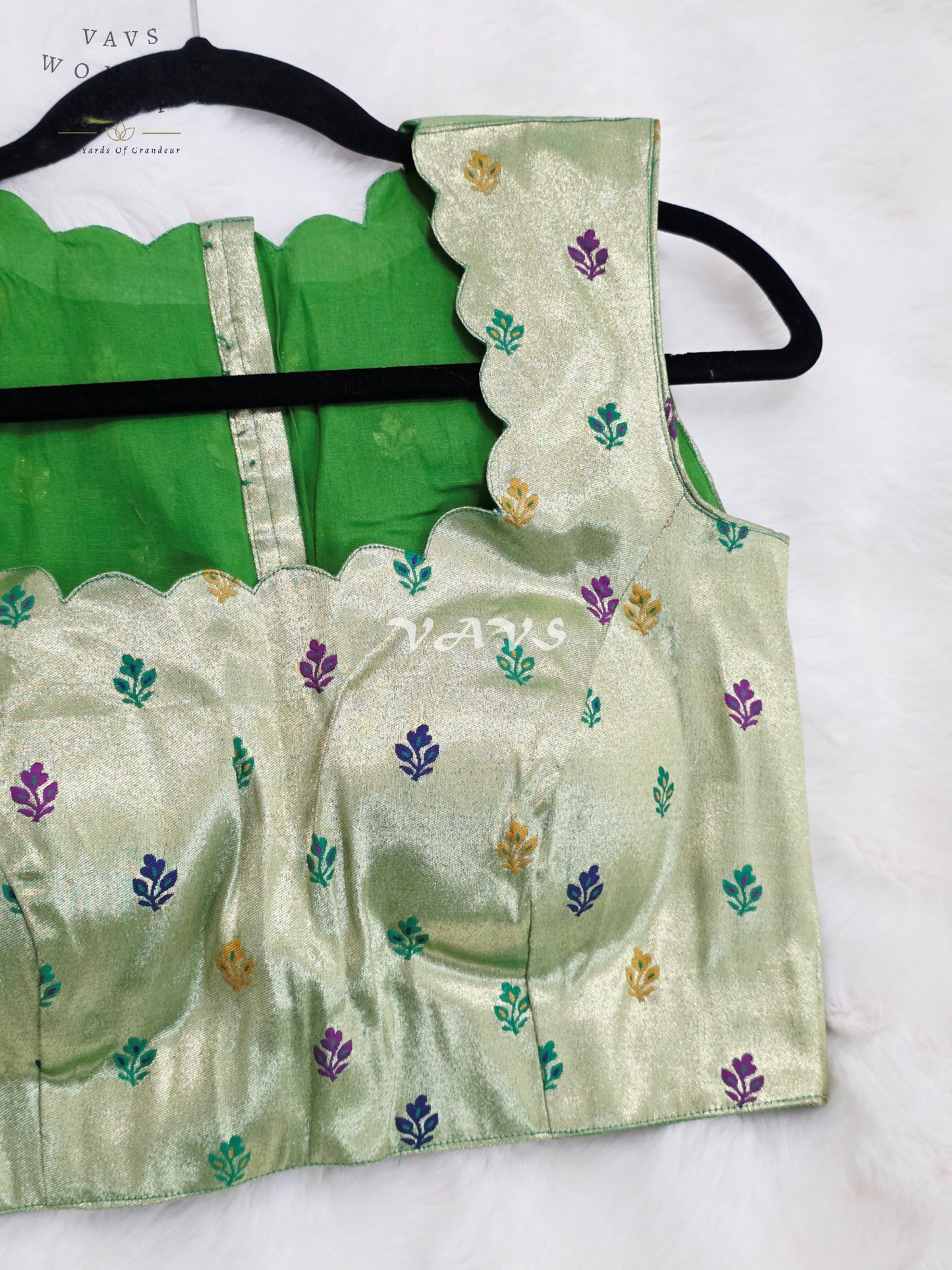 Royal Celadon Mint Green Sleeveless Tissue Paithani Designer Blouse with Multicolor Buttas | Size 36-42