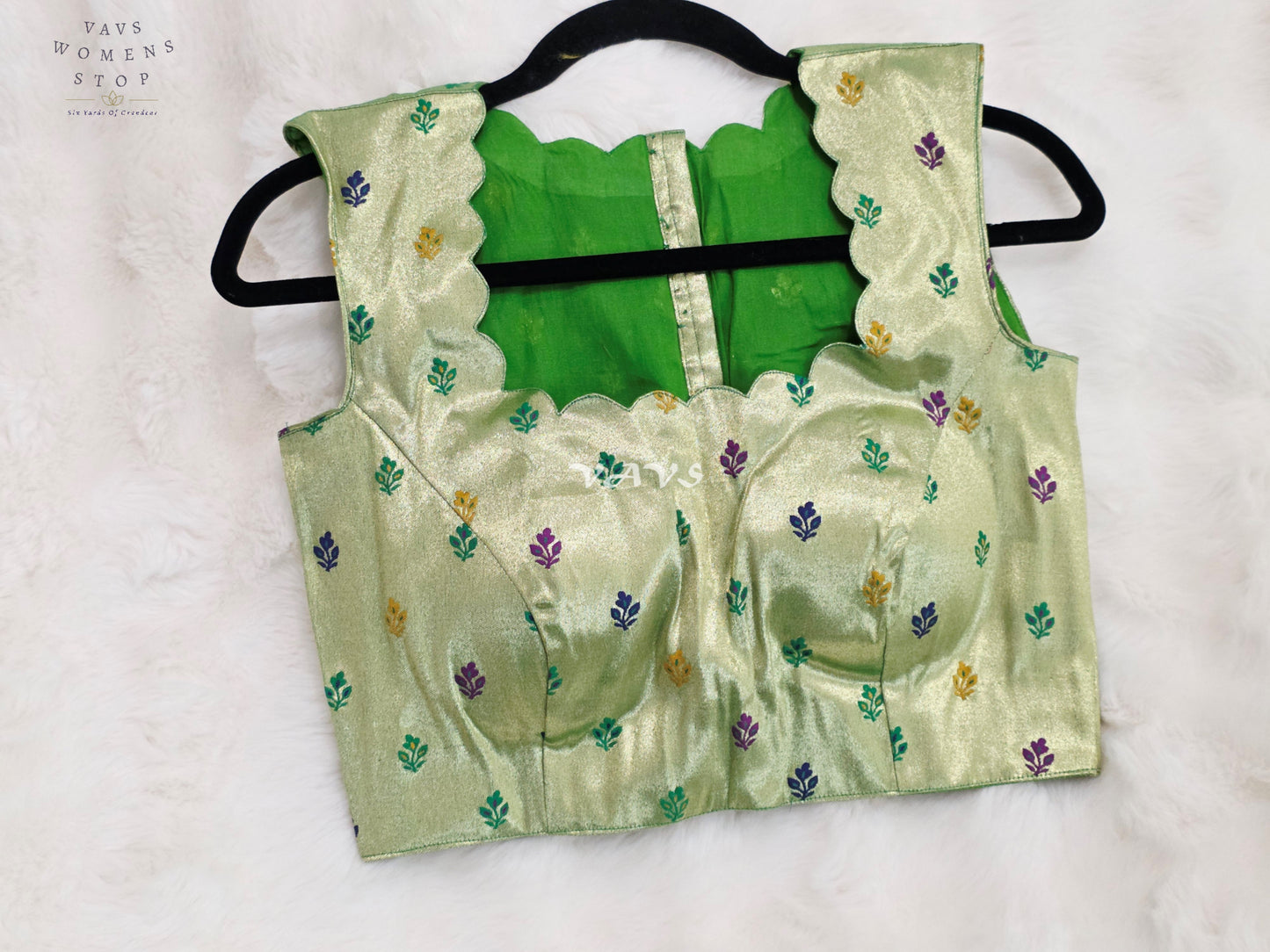 Royal Celadon Mint Green Sleeveless Tissue Paithani Designer Blouse with Multicolor Buttas | Size 36-42