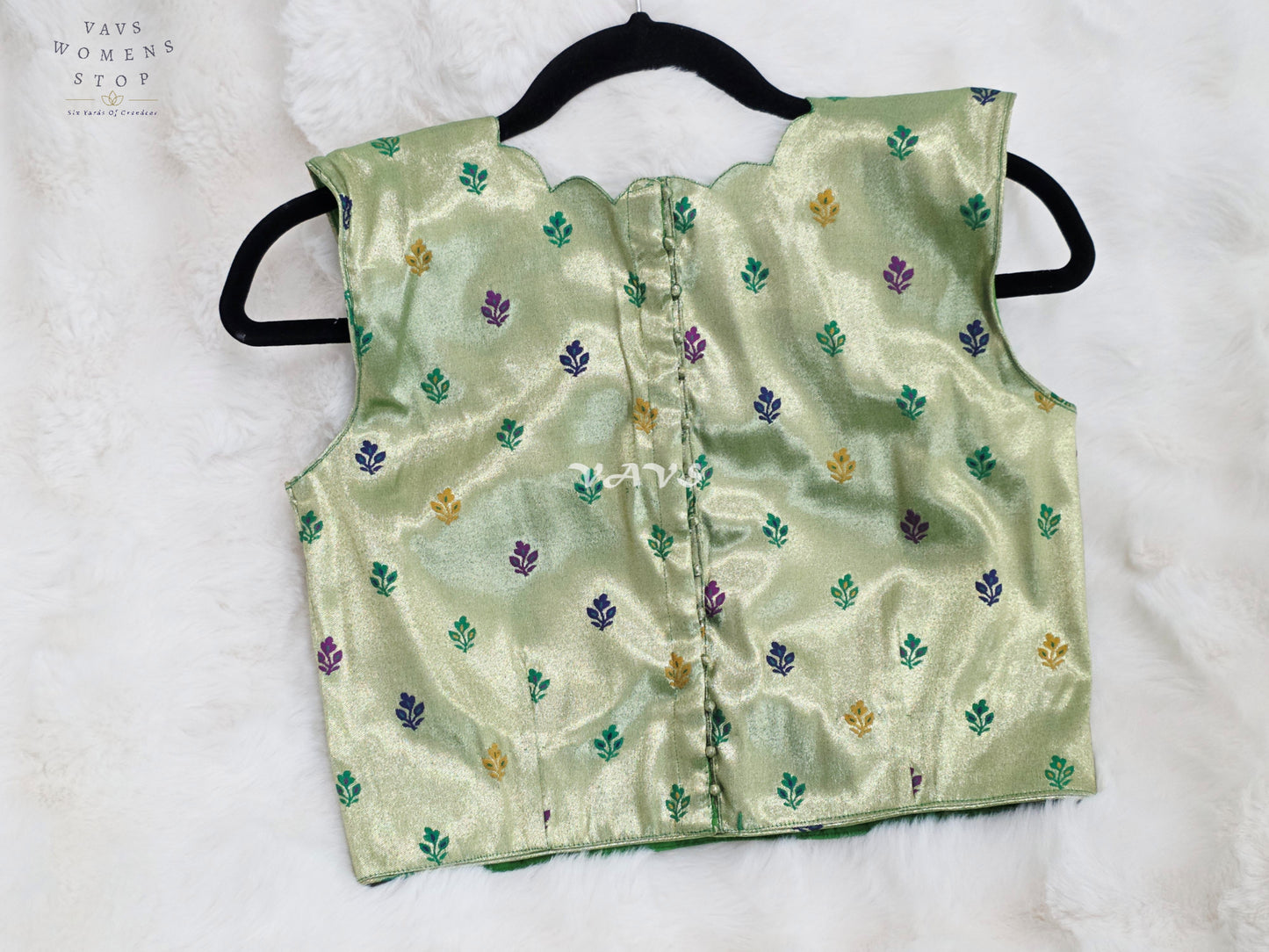 Royal Celadon Mint Green Sleeveless Tissue Paithani Designer Blouse with Multicolor Buttas | Size 36-42