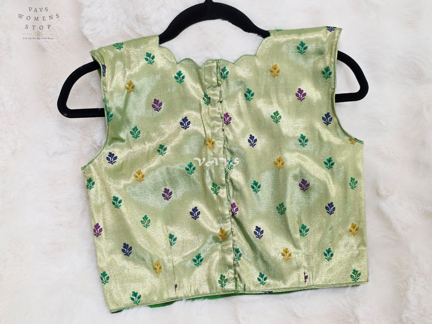 Royal Celadon Mint Green Sleeveless Tissue Paithani Designer Blouse with Multicolor Buttas | Size 36-42