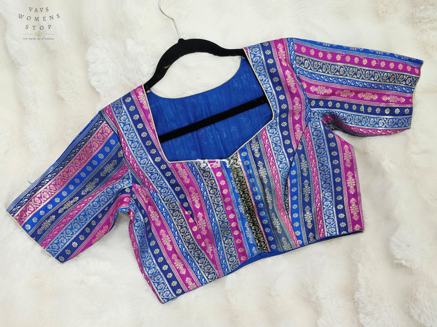 Royal Sapphire Blue, Orchid Pink & Silver Stripes Brocade Banarasi Designer Blouse