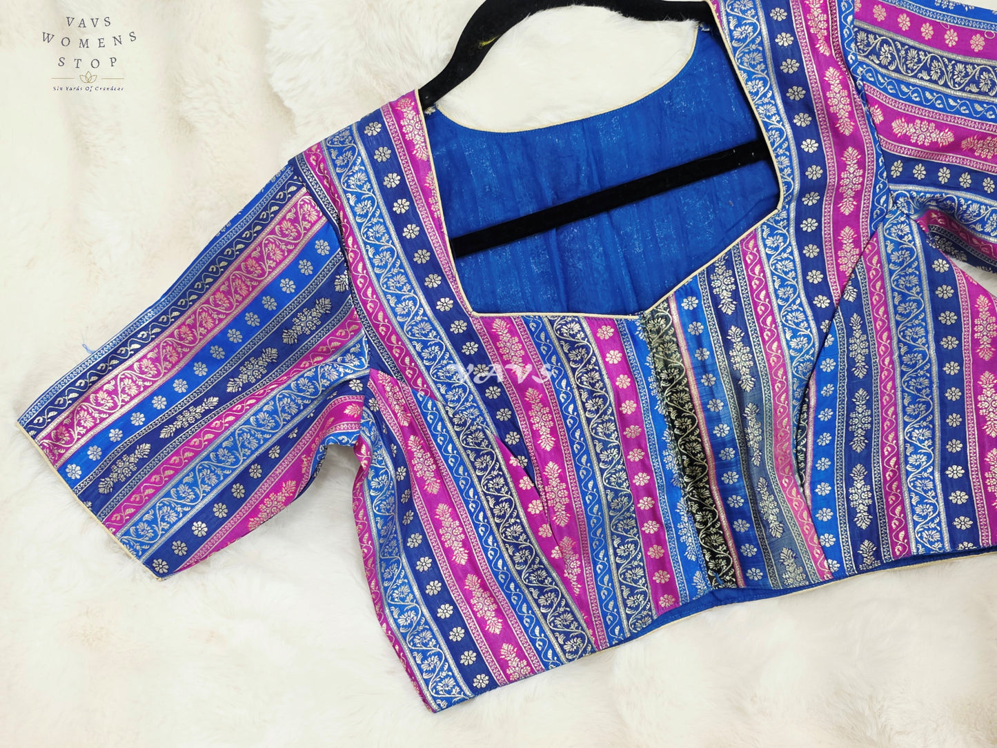 Royal Sapphire Blue, Orchid Pink & Silver Stripes Brocade Banarasi Designer Blouse