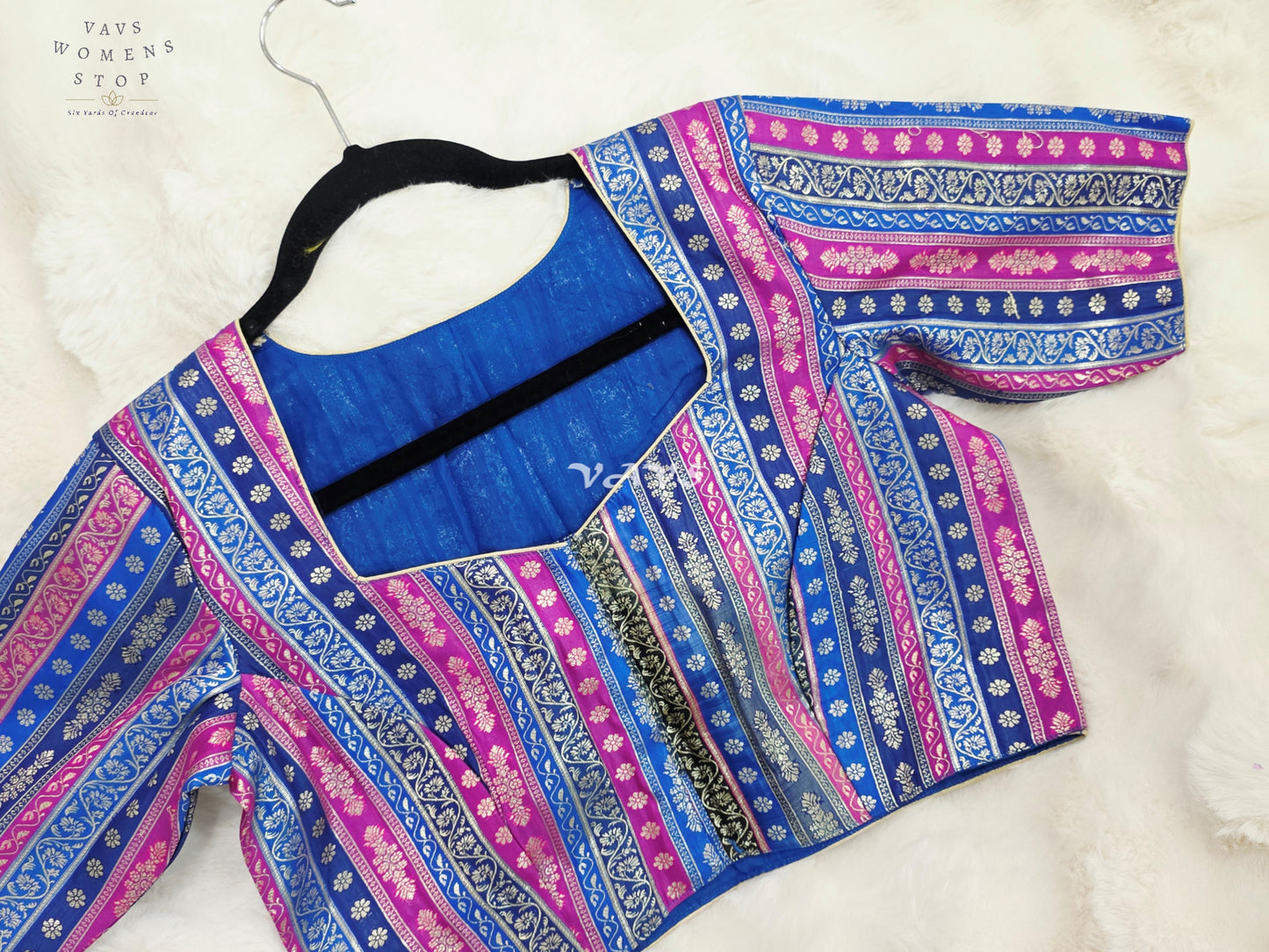 Royal Sapphire Blue, Orchid Pink & Silver Stripes Brocade Banarasi Designer Blouse