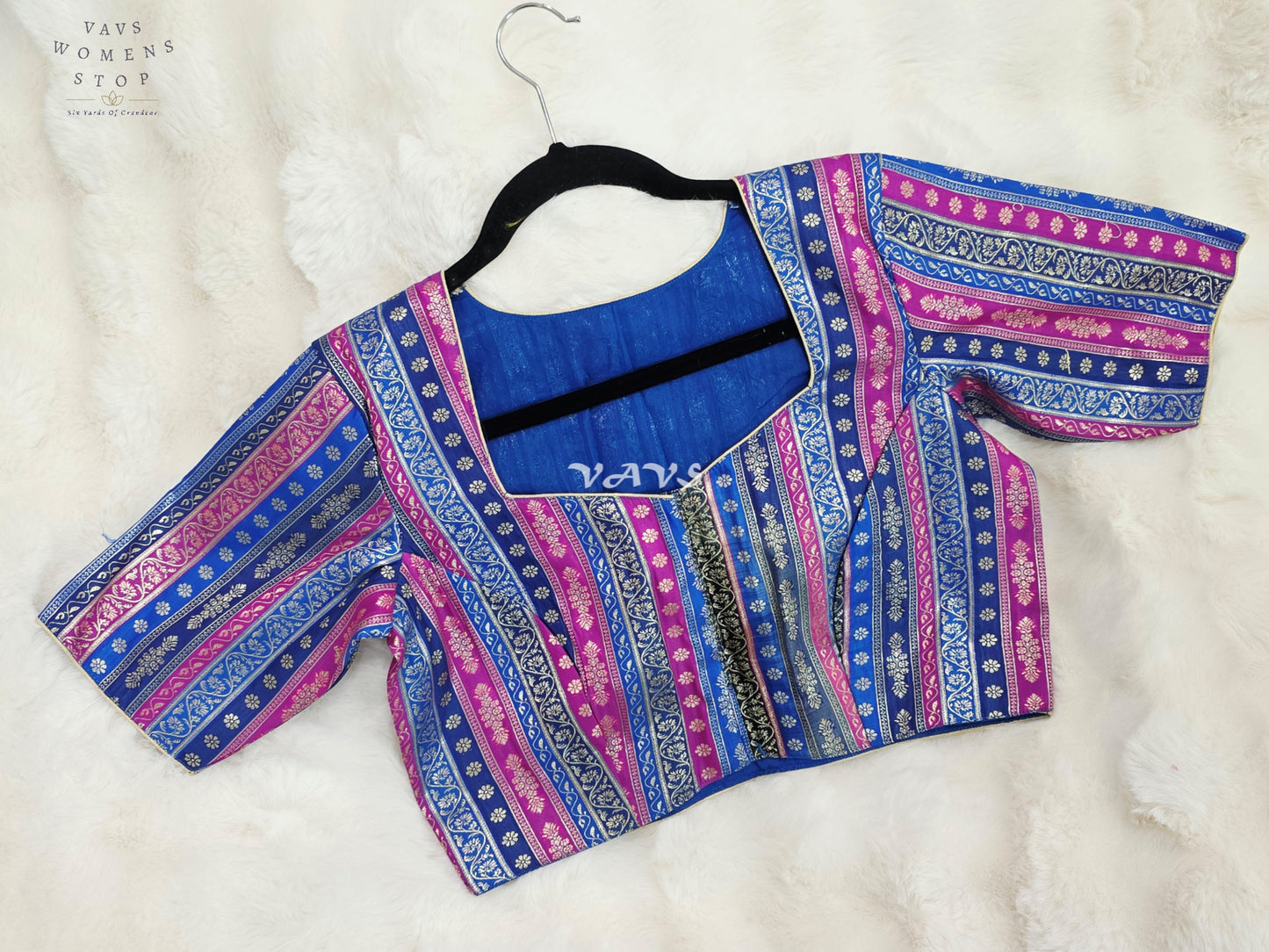 Royal Sapphire Blue, Orchid Pink & Silver Stripes Brocade Banarasi Designer Blouse