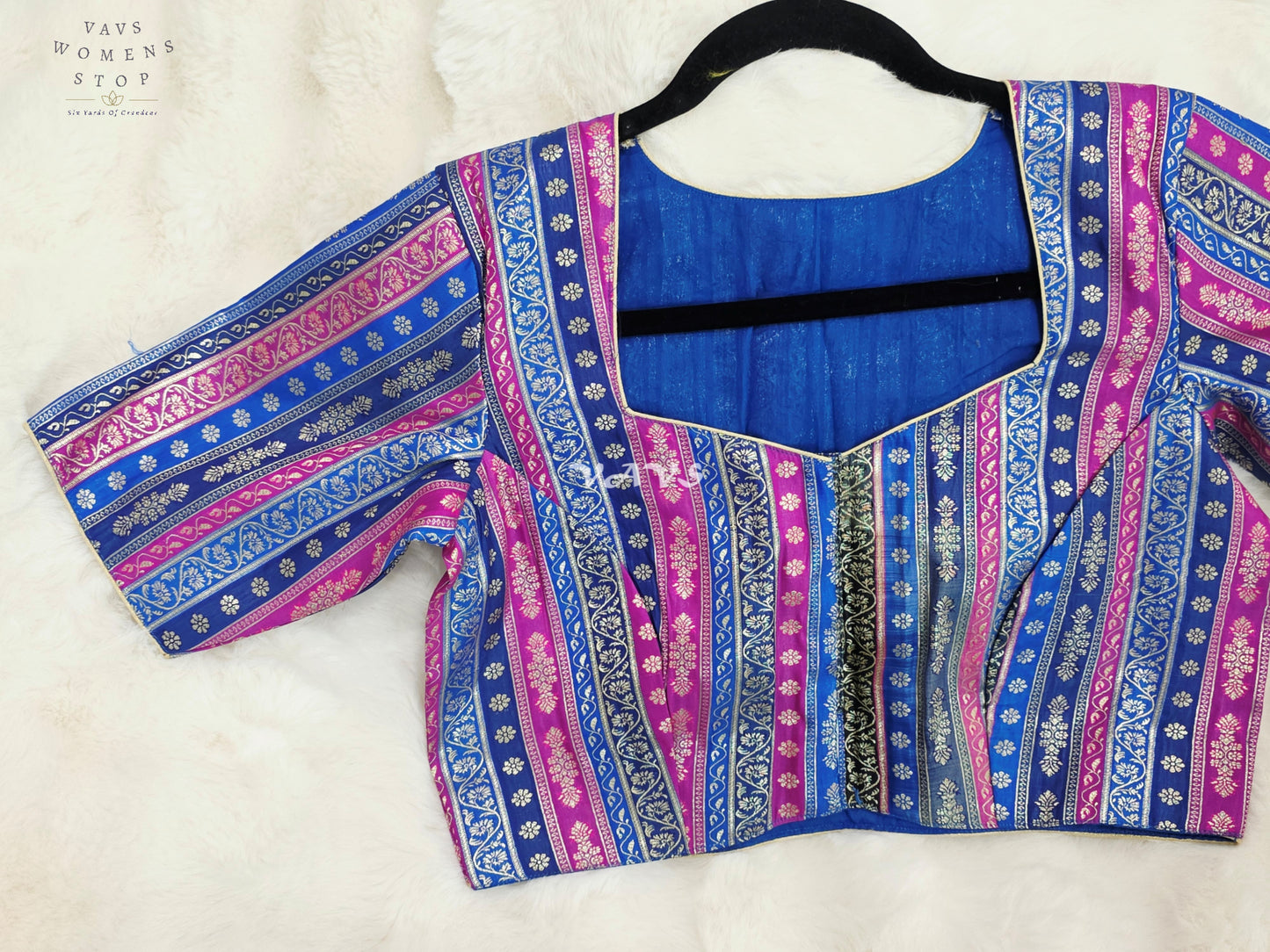 Royal Sapphire Blue, Orchid Pink & Silver Stripes Brocade Banarasi Designer Blouse
