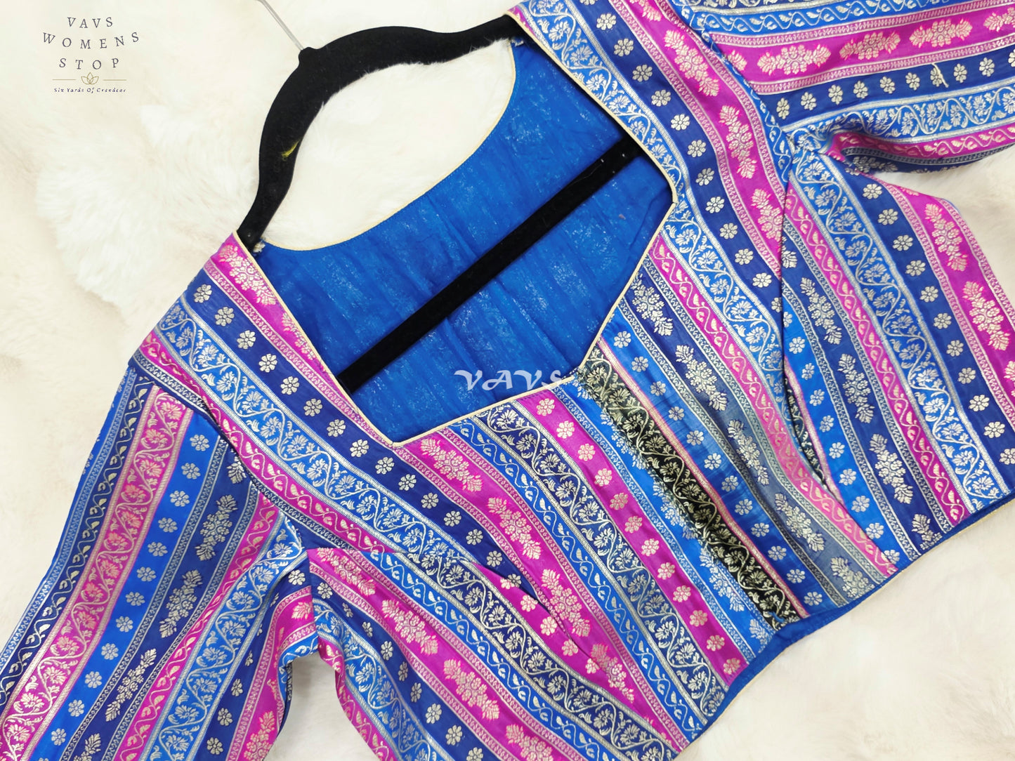 Royal Sapphire Blue, Orchid Pink & Silver Stripes Brocade Banarasi Designer Blouse
