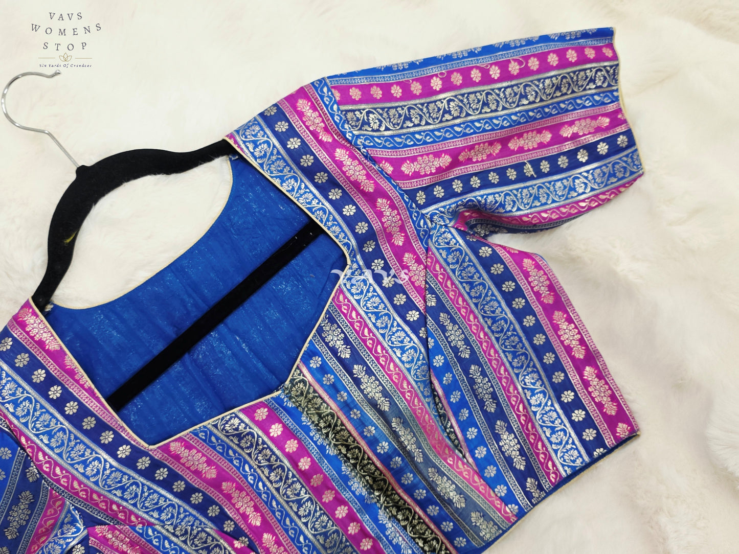 Royal Sapphire Blue, Orchid Pink & Silver Stripes Brocade Banarasi Designer Blouse