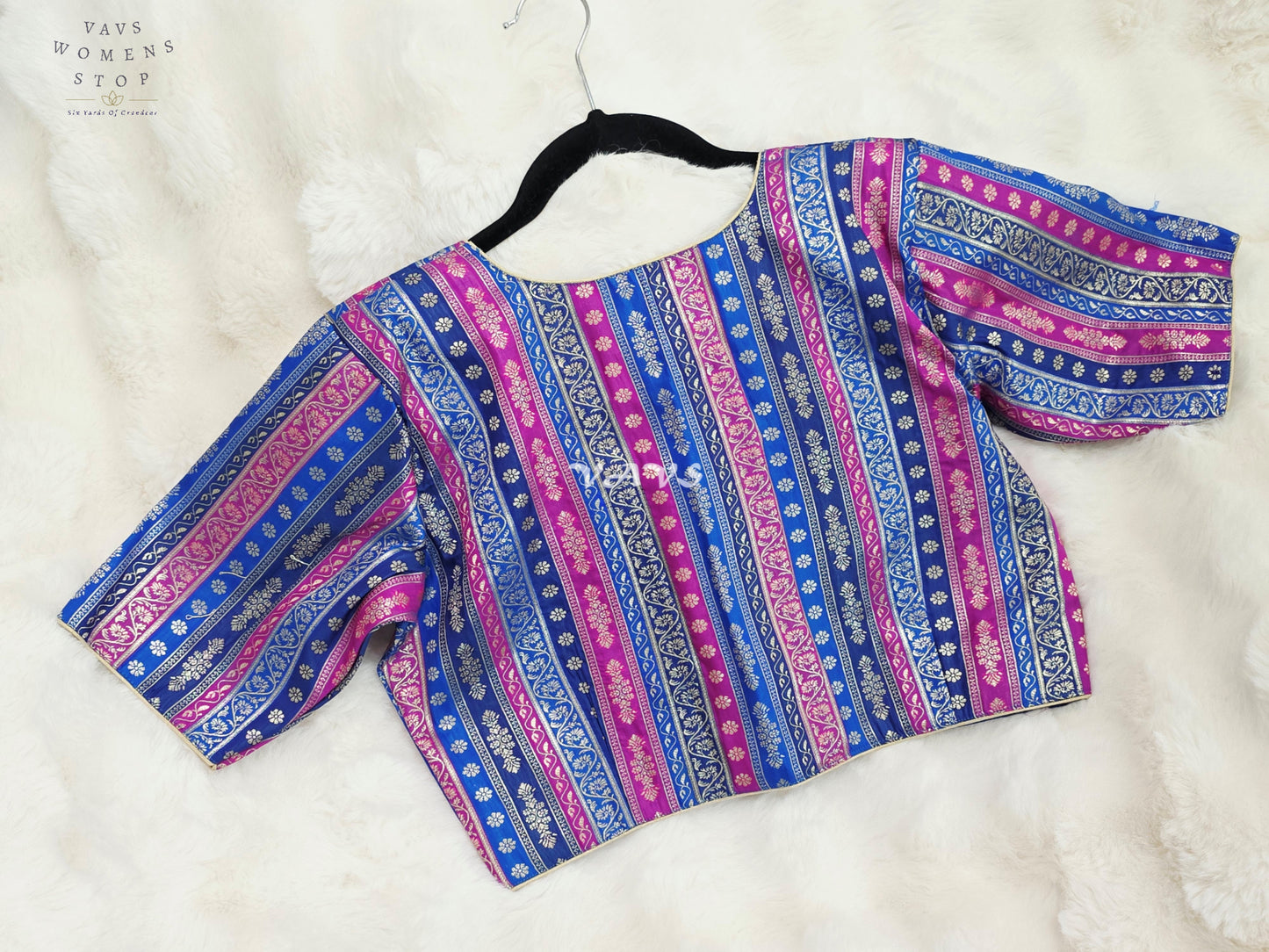 Royal Sapphire Blue, Orchid Pink & Silver Stripes Brocade Banarasi Designer Blouse