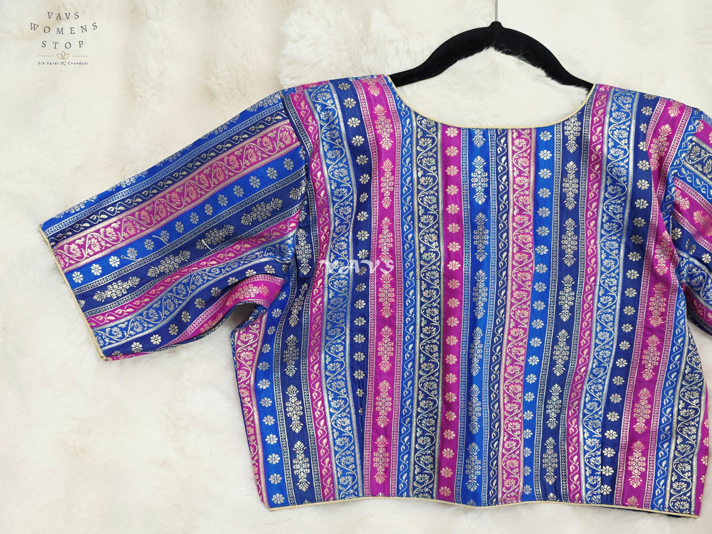 Royal Sapphire Blue, Orchid Pink & Silver Stripes Brocade Banarasi Designer Blouse