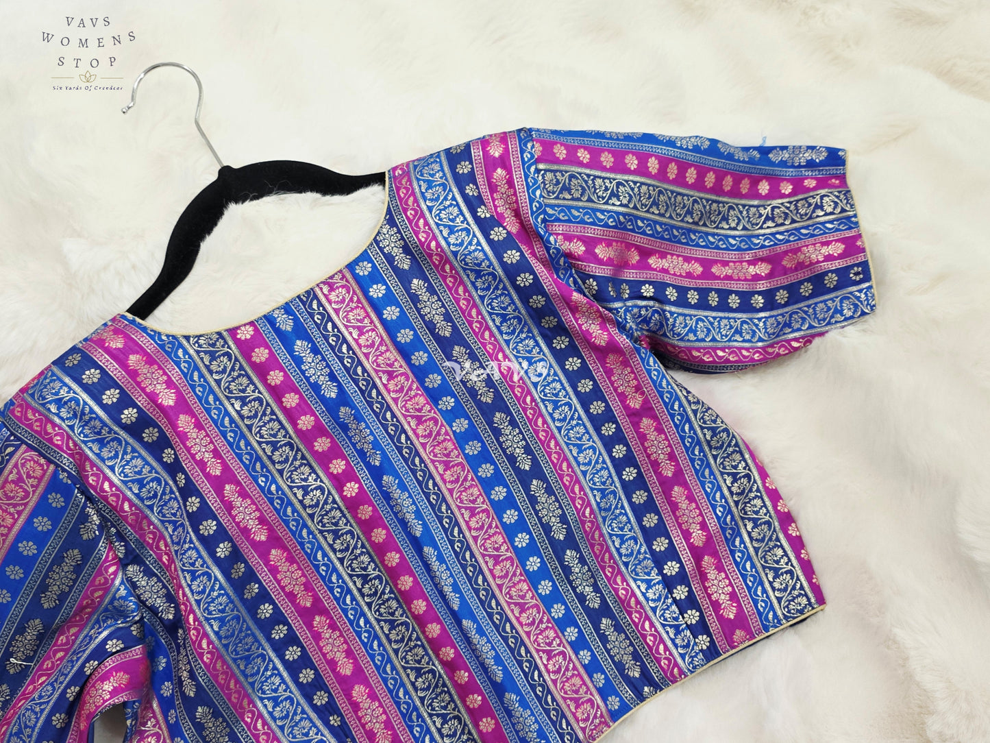Royal Sapphire Blue, Orchid Pink & Silver Stripes Brocade Banarasi Designer Blouse