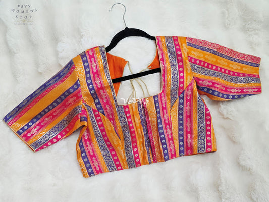 Royal Marigold Gold, Fuchsia Pink & Royal Violet Stripes Brocade Banarasi Designer Blouse