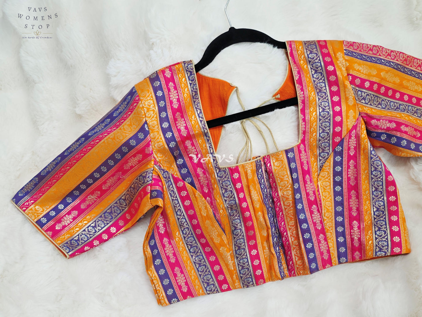 Royal Marigold Gold, Fuchsia Pink & Royal Violet Stripes Brocade Banarasi Designer Blouse