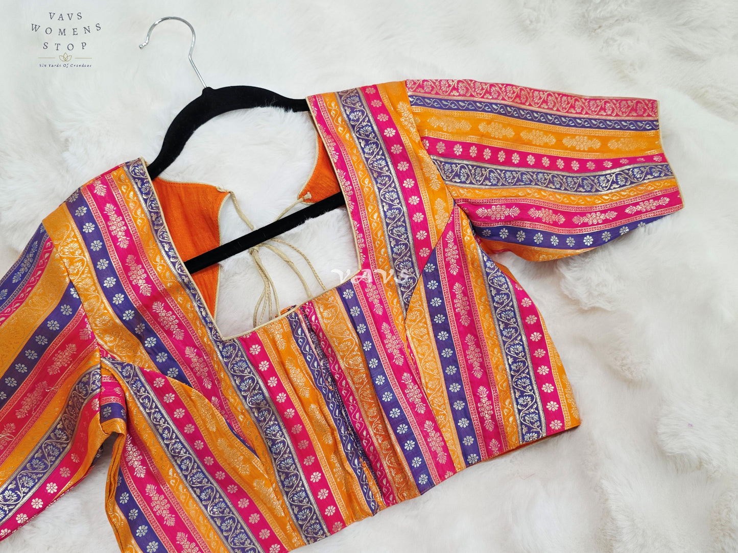Royal Marigold Gold, Fuchsia Pink & Royal Violet Stripes Brocade Banarasi Designer Blouse