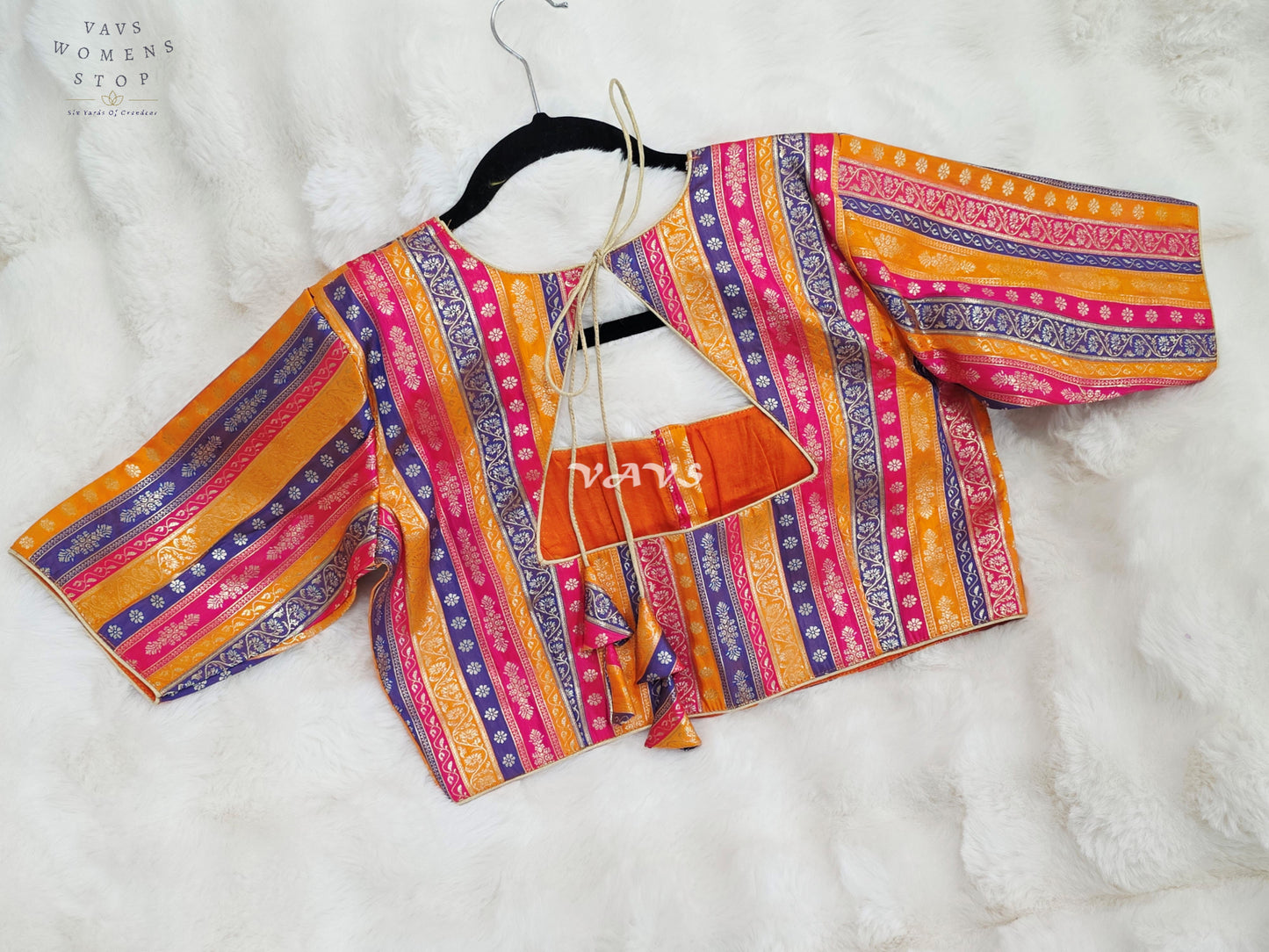 Royal Marigold Gold, Fuchsia Pink & Royal Violet Stripes Brocade Banarasi Designer Blouse