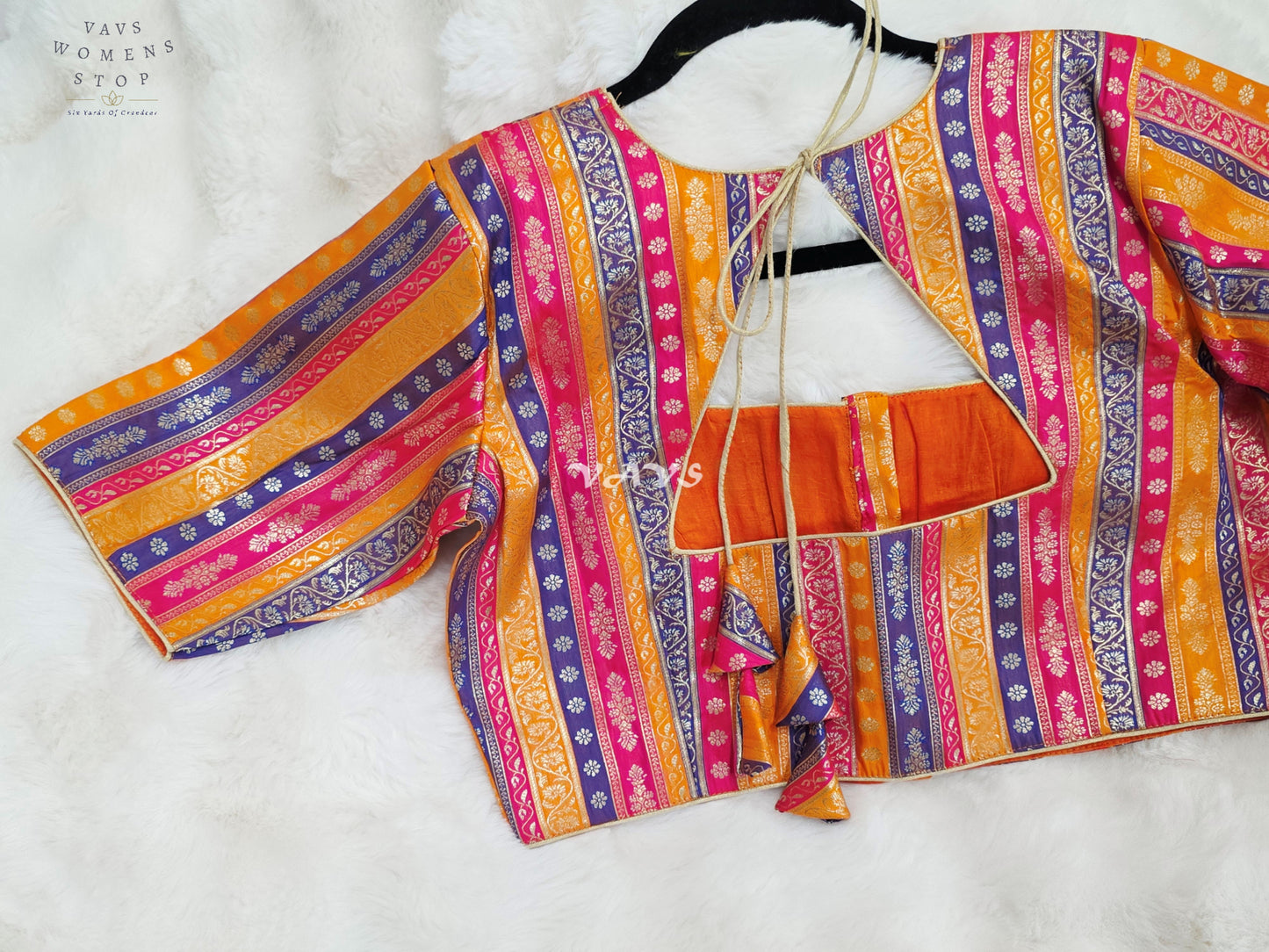 Royal Marigold Gold, Fuchsia Pink & Royal Violet Stripes Brocade Banarasi Designer Blouse