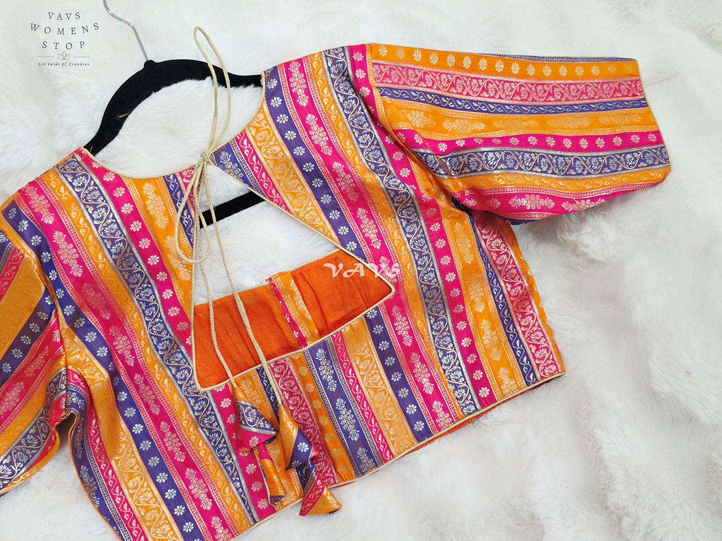 Royal Marigold Gold, Fuchsia Pink & Royal Violet Stripes Brocade Banarasi Designer Blouse